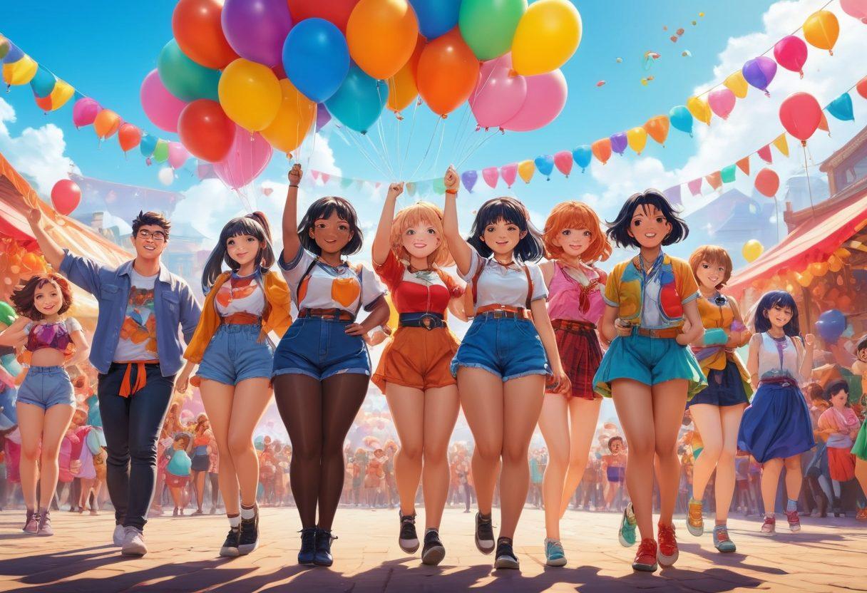 A joyful and diverse group of anime characters with various body shapes, celebrating together in a vibrant festival setting. Each character showcases unique fashion styles that emphasize body positivity, adorned with colorful decorations in the background. The scene includes balloons, banners, and playful elements that capture the essence of community and acceptance. Bright, cheerful colors dominate the atmosphere, creating an inviting vibe. super-realistic. vibrant colors. dynamic composition.